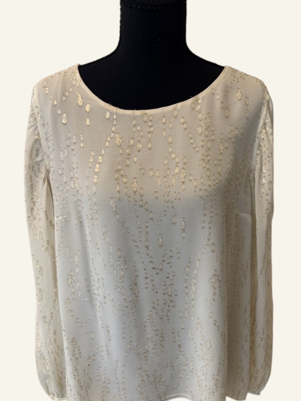 Lilly Pulitzer MIRIAM SILK TOP Coconut METALLIC CHIFFON Gold Cream Blouse Size L